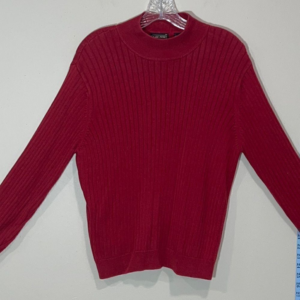 Red Ribbed Cotton Sweater By JEANNE PIERRE. Size Large.